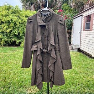 Ryu Green Ruffled Wool Blend Buckle Mid Length Trench Coat Size S